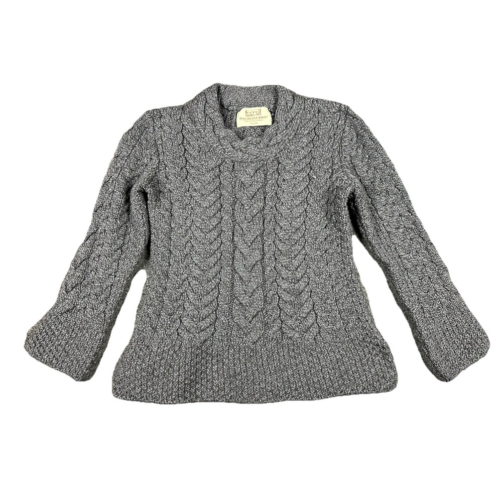 Aran Sweater Market Womens XS Grey Merino Wool Cable Sweater Made in Ireland